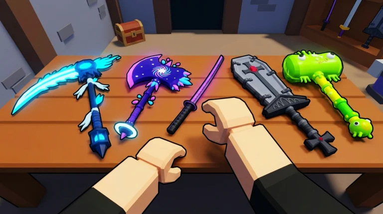 A Poly Loot player chooses among several colorful weapons displayed on a table.